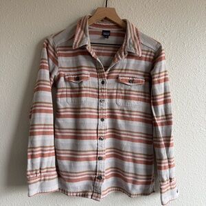 Patagonia orange and grey horizontal striped button down shirt size 4